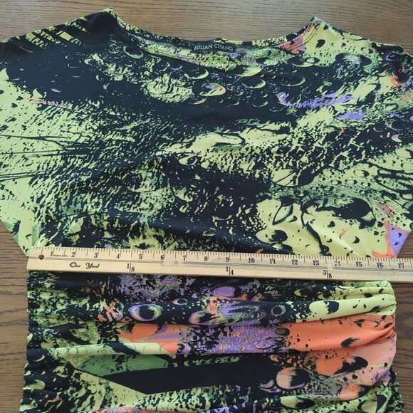 Julian Chang Abstract Art colorful Ruched Drawstring Mini Dress Dolman sleeves M - Picture 16 of 16